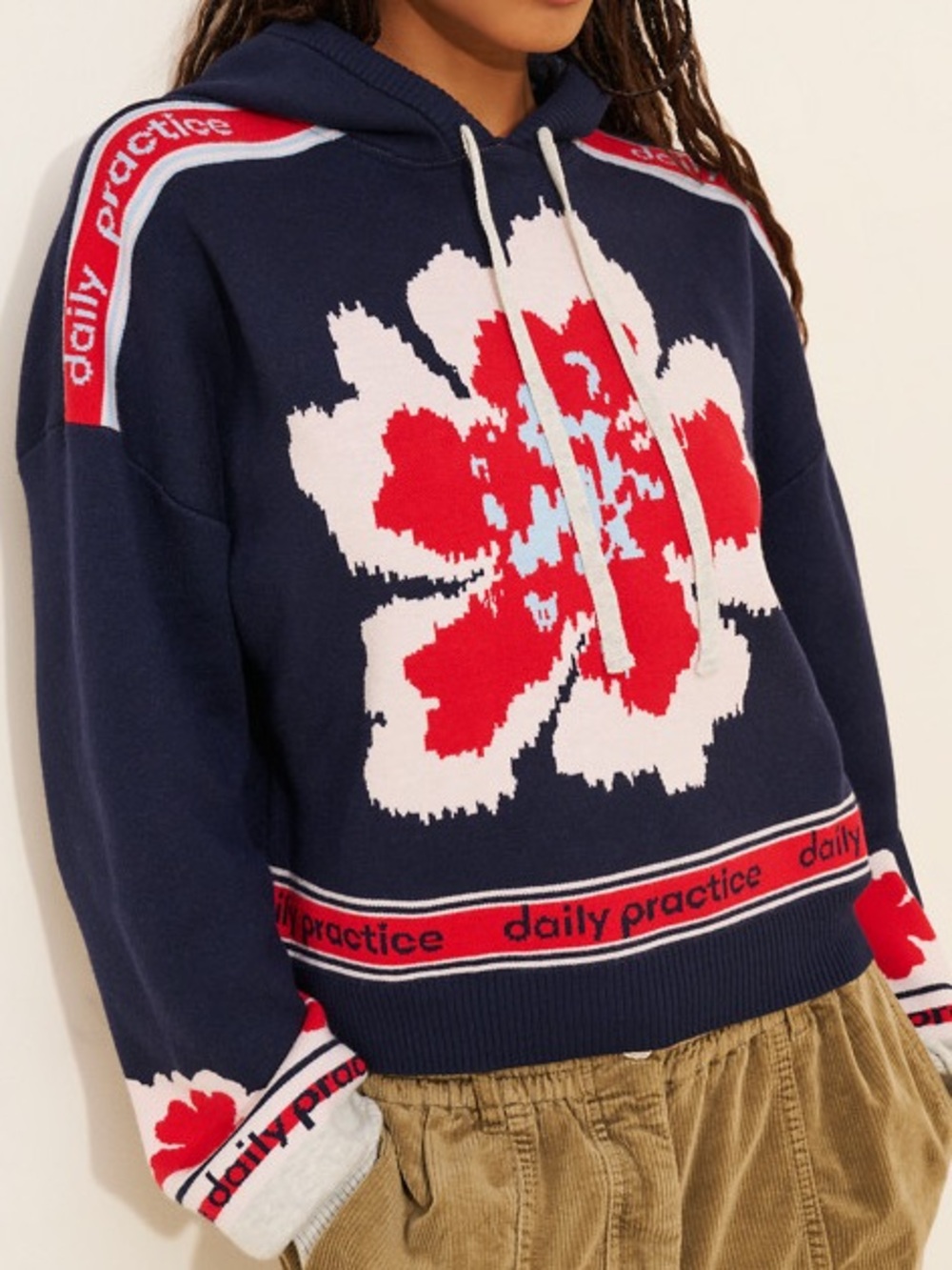 NWT Daily Practice by Anthropologie Hooded Graphic Varsity Navy Sweater, Small